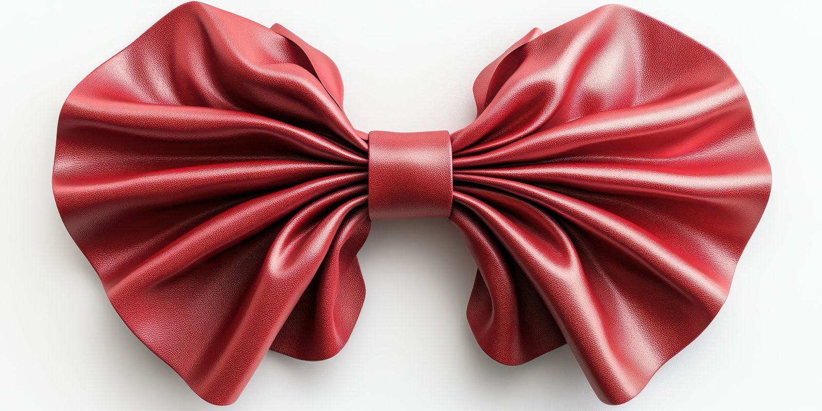 Elegant red leather bow with intricate folds displayed on a neutral background, showcasing craftsmanship and design